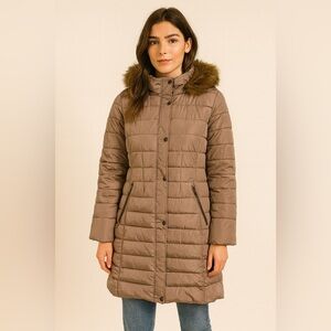 Kenneth Cole Taupe Puffer Coat Women’s XL Long Hooded Jacket Faux Fur Lined Warm